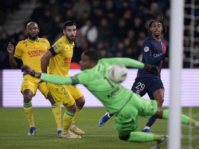 Bradley Barcola (29) fires home PSG's opening goal in their 2-1 win over Rennes. (AP PHOTO)