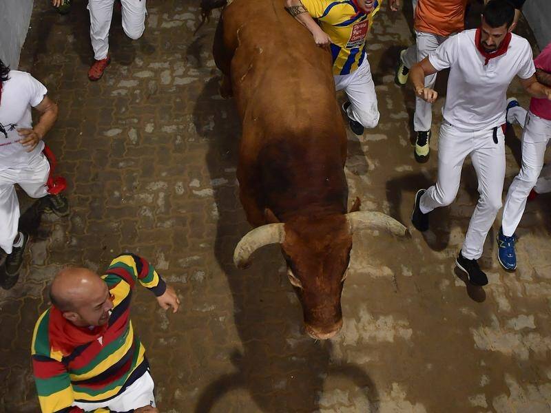 Revellers run beside a bull during the running of the bulls in Pamplona, northern Spain