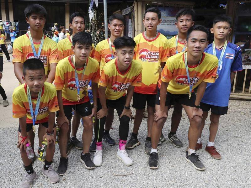 A Thai soccer team has marked the anniversary of its rescue from a flooded cave with a marathon.