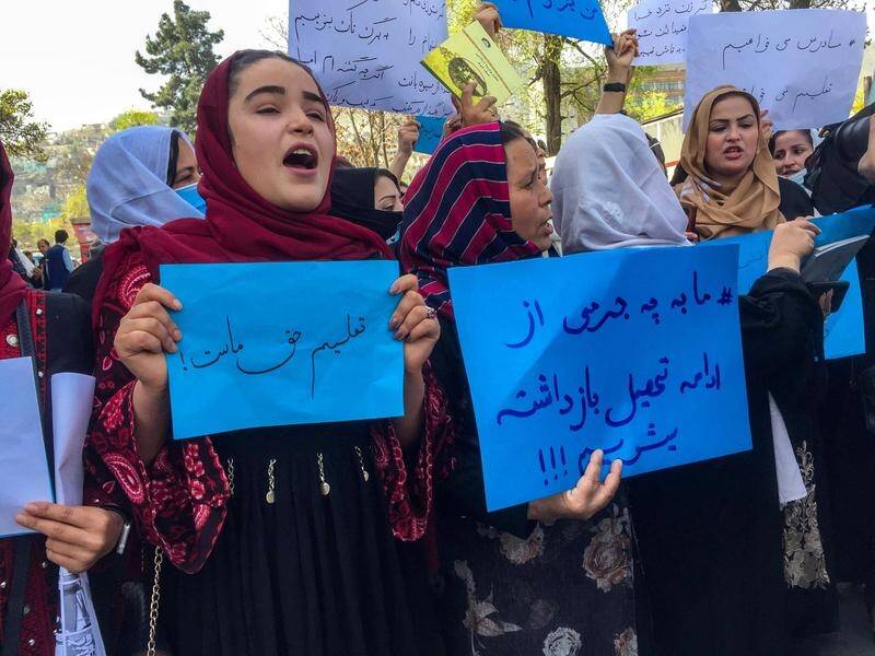 Afghan teachers protest the ongoing closure of schools for girls.