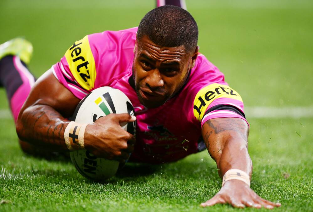 MELBOURNE, AUSTRALIA - MARCH 15:  Kevin Naiqama of the Panthers scores his first try during the round two NRL match between the Melbourne Storm and the Penrith Panthers at AAMI Park on March 15, 2014 in Melbourne, Australia.  (Photo by Matt King/Getty Images) kevin naiqama, round 2 NRL. Picture: Getty Images