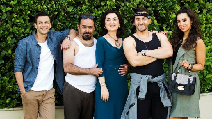 Tyler De Nawi, at left, with the cast of <i>Here Come the Habibs</i>: Michael Denkha (as Fou Fou), Camilla Ah Kin (as Mariam), Sam Alhaje (as Toufic) and Kat Hoyos (as Layla). Photo: Channel Nine