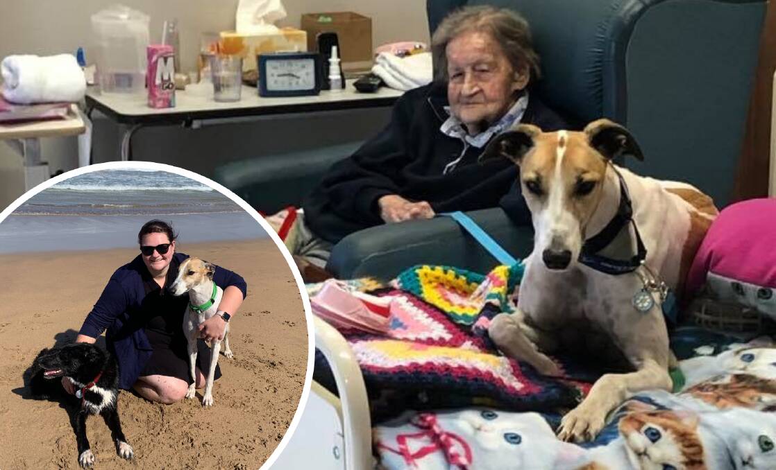 COMPANION ANIMAL: Gundagai's Joyce Langfield enjoys a visit from Fern. Fern has been adopted by Kimberley Fairall (left) and her family pet, Riley. Photos: SUPPLIED. 