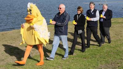 It's on again: The Great Rotary Duck Race will be held at Penrith Whitewater Stadium. Pictured: Rotary Duck with Kurrajong North Richmond Rotary Club president David Fleetwood, Whitewater Stadium marketing manager Simonetta Lopo, Pepe's Ducks CEO John Houston and Hawkesbury mayor Kim Ford at the 2013 training preparation run. Picture Gary Warrick.