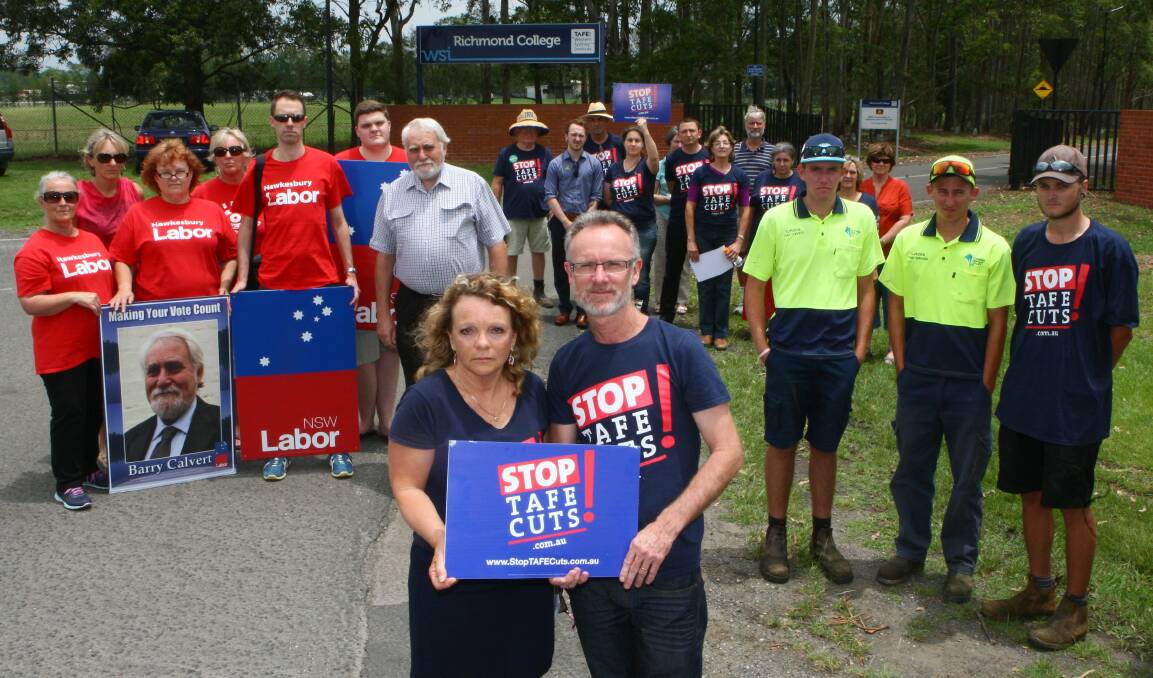 Cutting turf courses at Richmond: Turf management lecturer Jay Wood with Teachers Federation organiser Sharryn Usher and three of his students, from left, Luke Silgar, Zac Watkins and Scott Lane, protest against the axing of the course. Picture: Gary Warrick