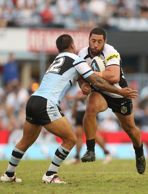 SYDNEY, AUSTRALIA - APRIL 26: Brent Kite of the Panthers is tackled by Wade Graham of the Sharks during the round 8 NRL match between the Cronulla-Sutherland Sharks and the Penrith Panthers at Remondis Stadium on April 26, 2014 in Sydney, Australia. (Photo by Mark Metcalfe/Getty Images)