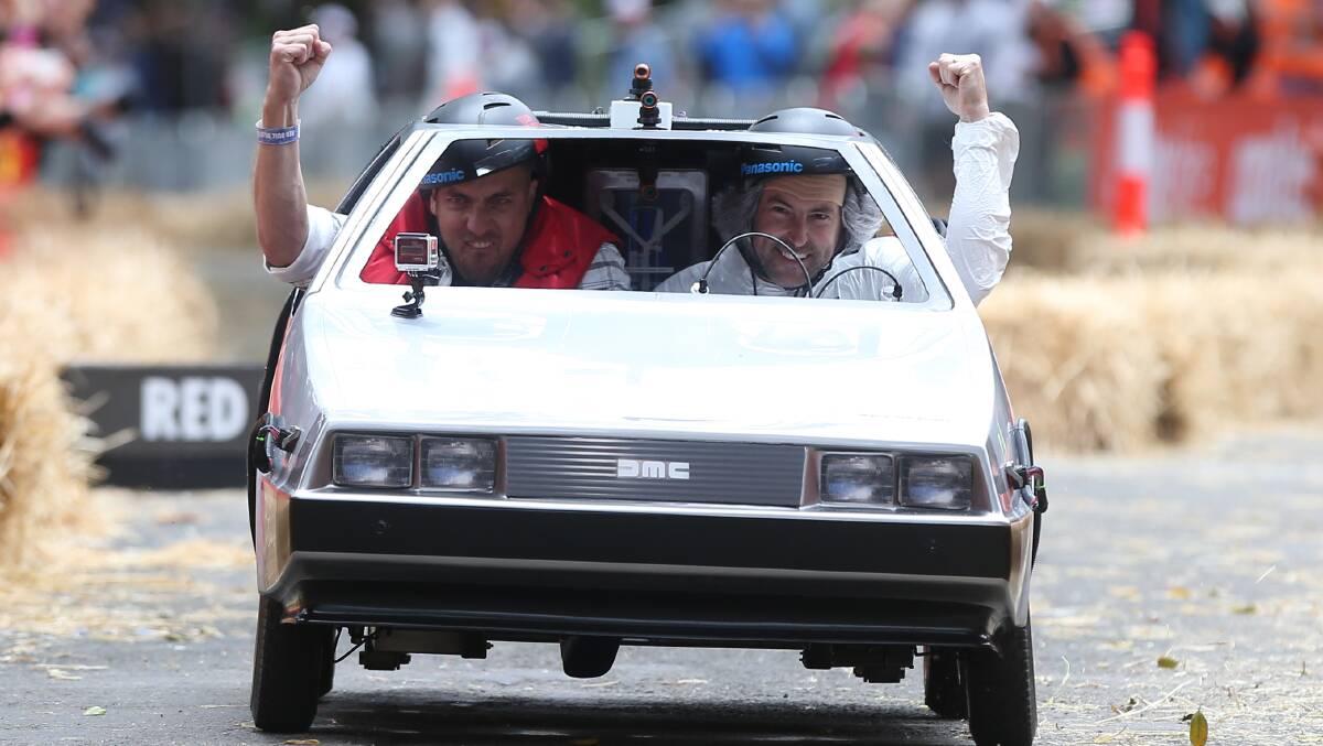 PERFECT TENS: Hawkesbury mates James Hodder and David Reimer racing their Back to the Future Delorean billy cart at the Red Bull Billy Cart Championships in Sydney on Sunday. Picture: Geoff Jones.