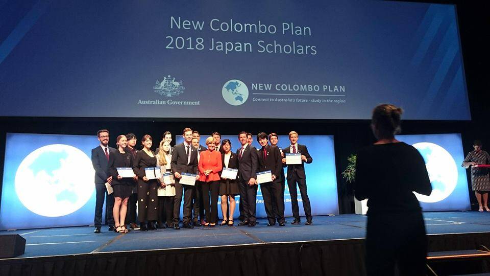 James Fenton and other 2018 New Colombo Plan (NCP) Scholarship winners with the Australian Minister for Foreign Affairs, Julie Bishop.