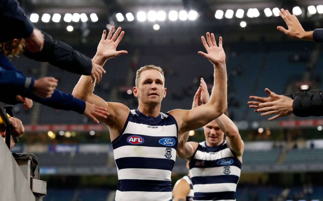 LEADER: Joel Selwood now holds the record for the most games as an AFL/VFL captain. Picture: Dylan Burns/AFL Photos via Getty Images