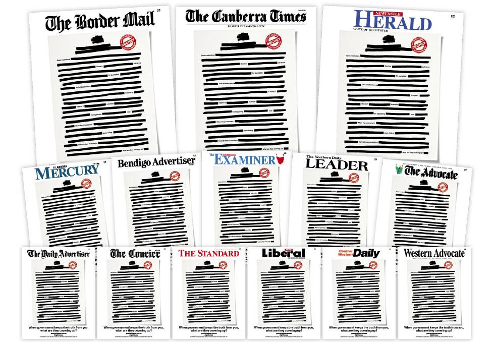 Australian Community Media's 14 daily papers featured examples of "redacted" government documents on their front pages on Monday.