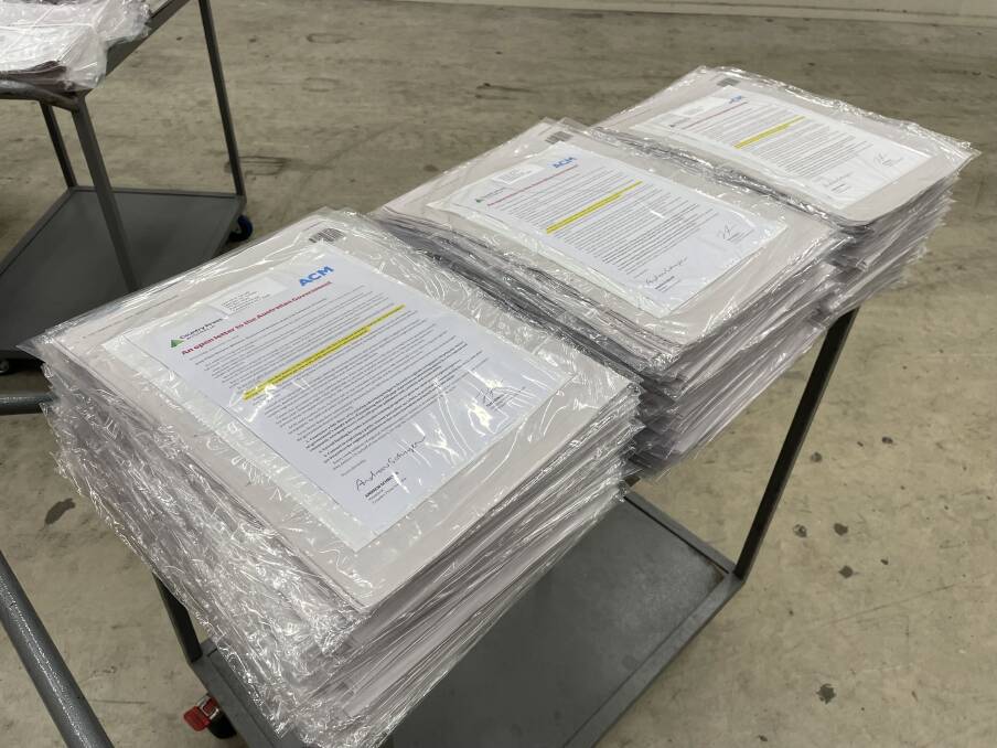 Copies of The Canberra Times ready to be delivered to the Parliament House offices of all 76 senators and 151 lower house MPs. 