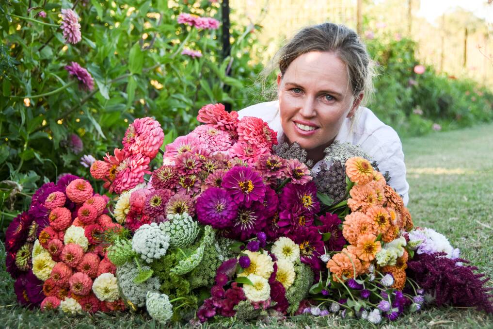 Mt Lawless Organic Flower Farm owner Natalie Harris with some of her flower products. Picture: Lucy Kinbacher