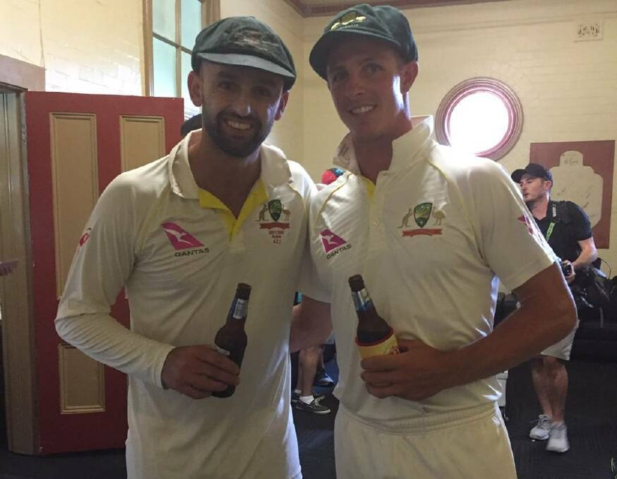 Josh Clarke with Australian spinner Nathan Lyon in the sheds after the Sydney test match. Picture: Josh Clarke, Instagram