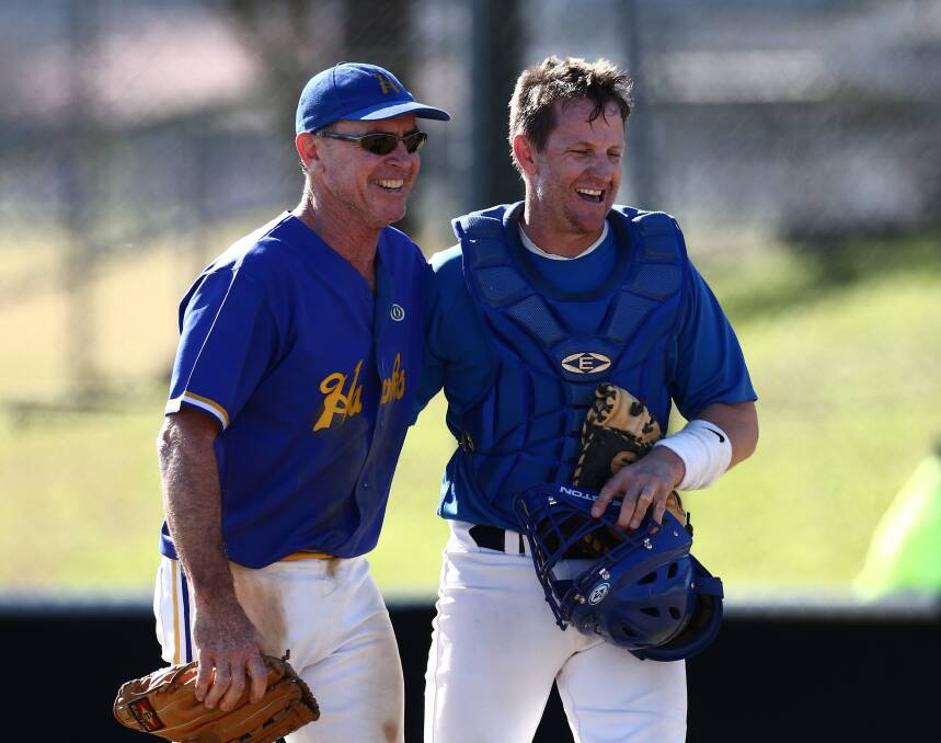 GOOD WORK: Steve Collins and Grant Findley share a laugh during the G3 North win over Quakers Hill. Picture: Geoff Jones