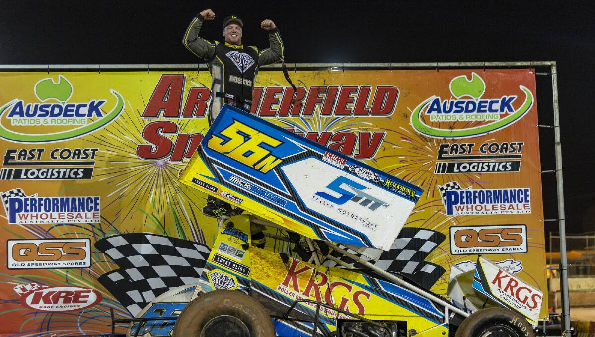 Mick Saller celebrates after winning his maiden World Sprintcar Series Championship victory in April, just two weeks after wrecking his car. Picture: Supplied