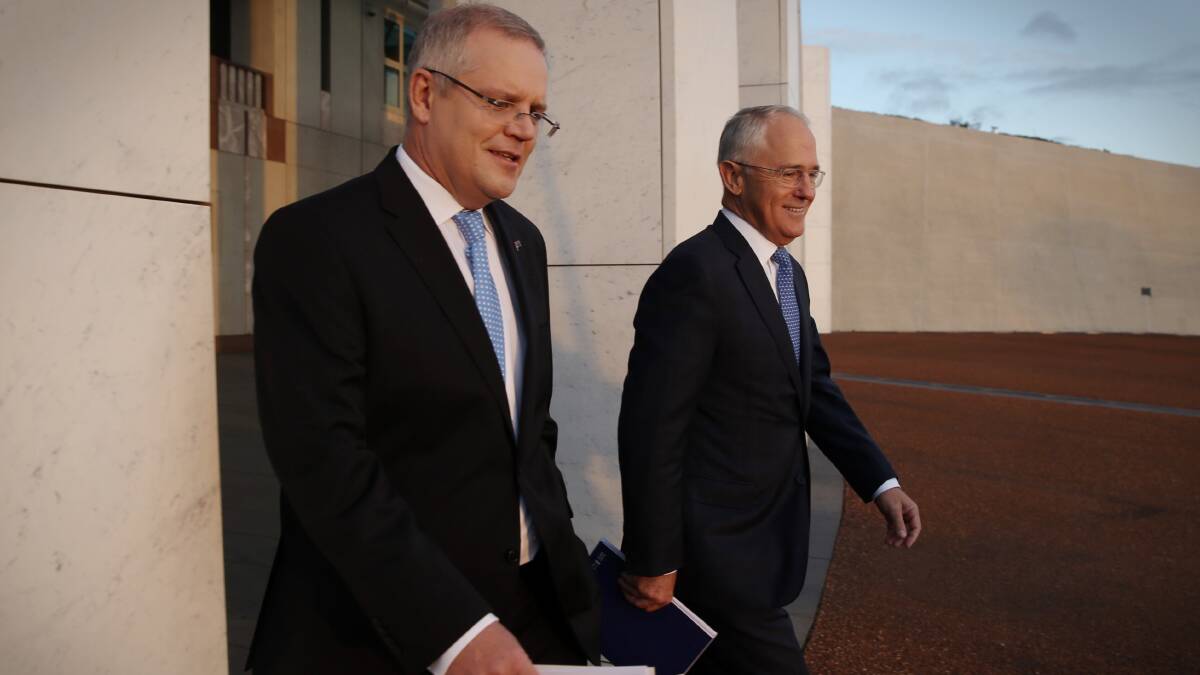 Federal treasurer Scott Morrison with Prime Minister Malcolm Turnbull outside Parliament House. Picture: Andrew Meares