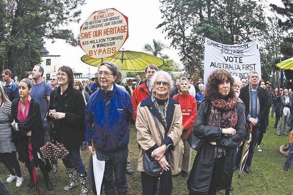 Protesters unite in a battle to preserve historic Thompson Square at Windsor on Sunday. Inset: speakers Jack Mundey, John Robertson, Dail Miller and Sean Duff. 	Photos: Geoff Jones