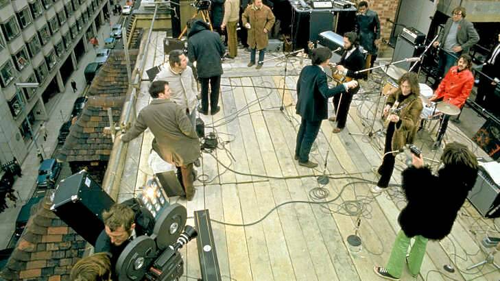 The Beatles perform  their last concert on the rooftop of the Apple  building  in Savile Row on January 30, 1969.