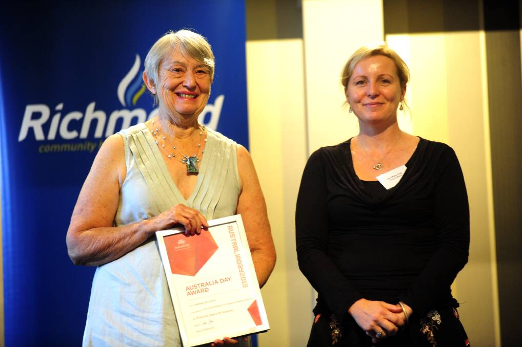 Friends member Margaret Ginnings accepts Australia Day Community Arts Award for 2013. She is pictured with Deputy Mayor Tiffany Tree.