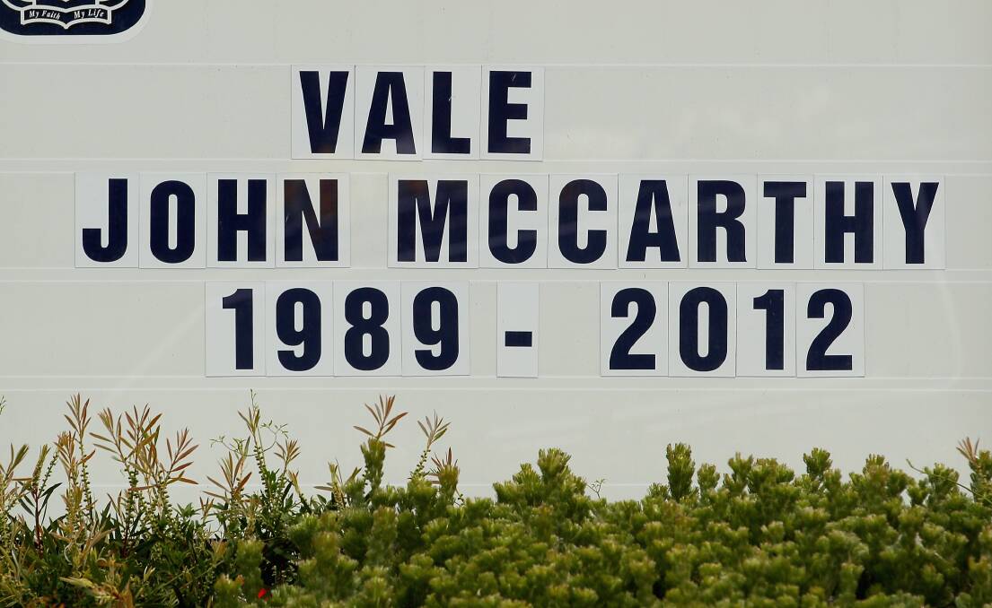 A sign is seen outside of the church during the funeral service for John McCarthy at St Mary's Star of the Sea Catholic Church on September 20, 2012 in Sorrento, Australia. Port Adelaide AFL player John McCarthy died at the Flamingo Hotel and Casino in Las Vegas during a player end of season holiday. (Photo by Scott Barbour/Getty Images) 