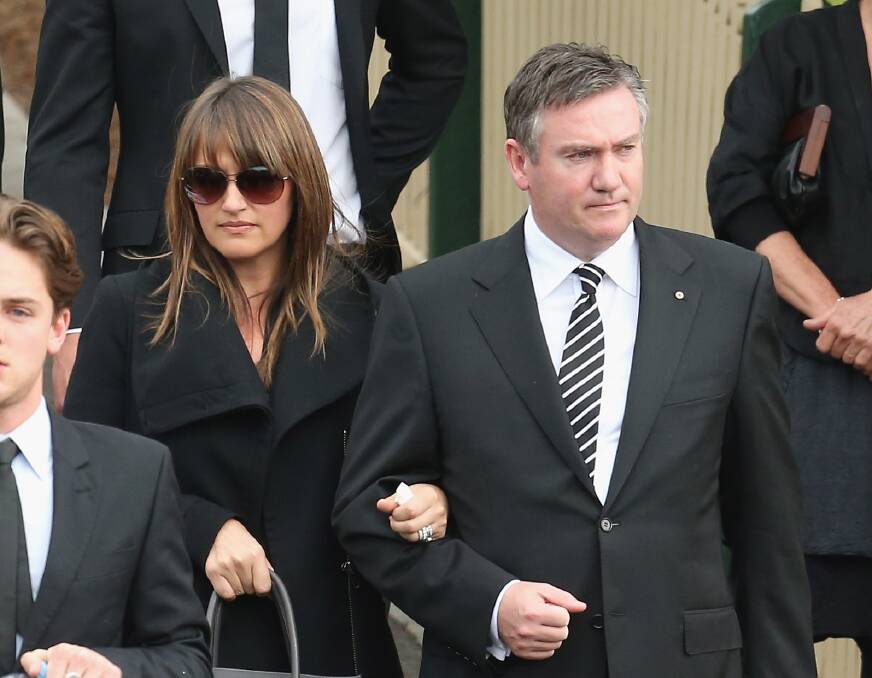 Carla McGuire and Eddie McGuire look on as the coffin is carried from the church after the funeral service for John McCarthy at St Mary's Star of the Sea Catholic Church on September 20, 2012 in Sorrento, Australia. Port Adelaide AFL player John McCarthy died at the Flamingo Hotel and Casino in Las Vegas during a player end of season holiday. (Photo by Scott Barbour/Getty Images) 